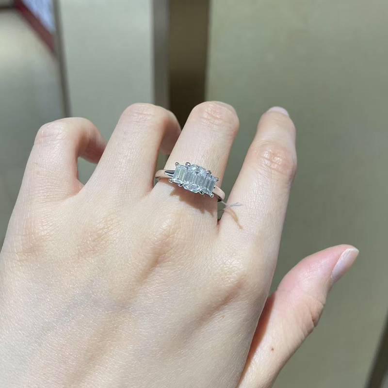 Three Stone Emerald Cut Women's Ring S925 Silver Plated Platinum Customized Selection Main and Deputy Stone Moissanite Diamond 1.0ct